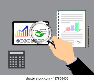 Hand holding magnifier, business data analysis.