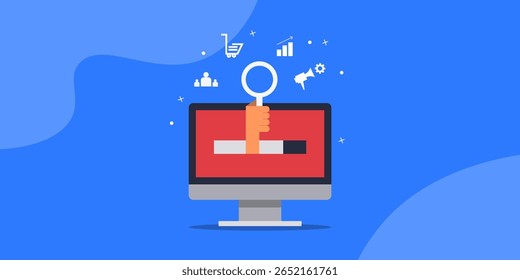 Mão segurando uma lupa emergindo de um computador, simbolizando o marketing de busca para alcance de público, eCommerce, análise e promoção de marca.