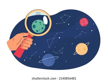 Hand holding magnifier and examining planet in space. Stars, planets and constellation in sky flat vector illustration. Astronomy, astrology, education concept for banner or landing web page