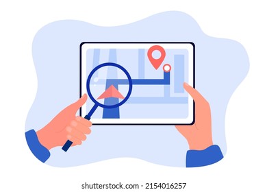 Hand holding magnifier in front of tablet with city map. Person finding route to destination with app flat vector illustration. Navigation, transportation concept for banner or landing web page