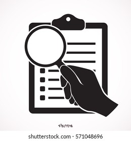 Hand holding magnifier and paper document. Business concept. Reading, viewing and studying. Search for information. Vector illustration flat design.