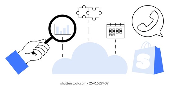 A hand holding a magnifying glass analyzing cloud data with surrounding icons of a puzzle piece, calendar, phone, and shopping bag. Ideal for cloud computing, data analysis, communication