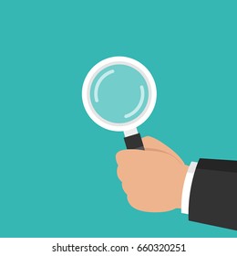 Hand holding a magnifying glass. Audit, analysis, inspection concepts. Flat cartoon style. Vector illustration.