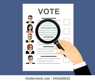 Hand holding a magnifying glass with Ballot paper with candidates.  illustration in flat design on blue background