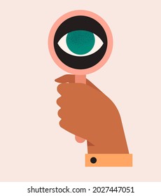 Hand holding magnifying glass, a big eye looking through a lens. Concept of search, research, view. Checking data or information, zooming, focusing. Isolated vector illustration