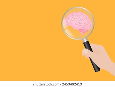 Hand Holding Magnifying Glass with Brain. Brainstorm, Creativity and Thinking Idea Concept. Vector Illustration. 