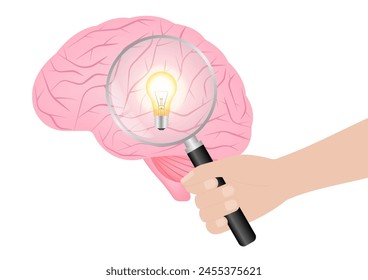 Hand Holding Magnifying Glass with Brain and Lightbulb. Brainstorm, Creativity and Thinking Idea Concept. Vector Illustration. 