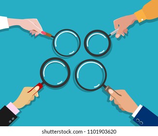 Hand holding magnifying glass. Businessman hands with magnifiers vector illustration for searching, investigator or reading business concepts