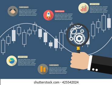 Hand Holding Magnifying Glass With Candle Stick Graph Chart Of Stock Market Infographic. Vector Illustration