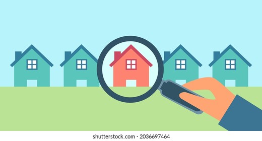 Hand holding magnifying glass to choose residential house in flat design. Choose house location for sale or rent concept. Home buying vector illustration.