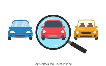 Hand holding magnifying glass choosing car in flat design on white background.