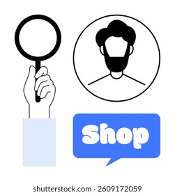 Hand holding magnifying glass, circular image of mans face, and blue speech bubble with word Shop. Ideal for business, shopping, search tools, online stores, and marketing strategies. Minimalist
