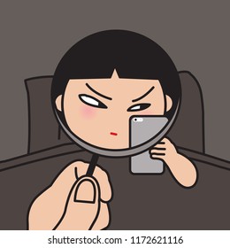 Hand Holding Magnifying Glass Close Up Of A Grumpy Bad Mood Girl Looking At Her Mobile In Bed On Monday Morning Concept Card Character illustration