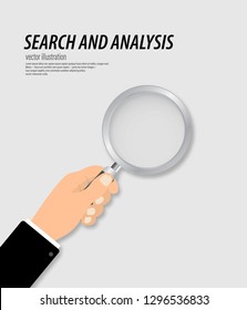 Hand holding a magnifying glass. Concept of search and analysis information detecting and analyzing