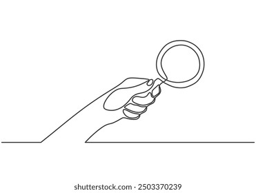 Hand halten Lupe Glas durchgehende Linie Zeichnung. Einfaches Vektordesign im minimalistischen Stil