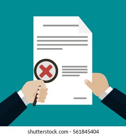 Hand holding magnifying glass with document paper rejected. Business concept
