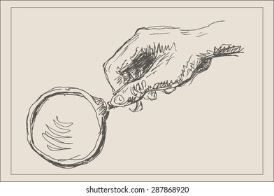 Hand Holding Magnifying Glass , In Engraving Etching Sketch Hand Drawing Style, For Detective Investigation And Research Design