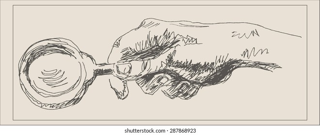 Hand Holding Magnifying Glass, In Etching Sketch Hand Drawing Style