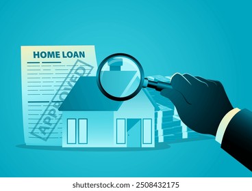 Hand holding a magnifying glass to examines a house, with a money stack and home loan approved document in the background. Perfect for real estate, mortgage approval and property appraisal contents