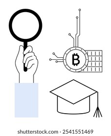 Mano sosteniendo una lupa examina un símbolo de criptomoneda con circuitos y un gorro de graduación. Ideal para la investigación de la educación en criptomonedas, la innovación tecnológica y la cadena de bloques. Simple moderno