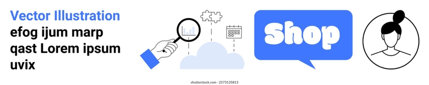 Hand holding magnifying glass examines cloud data and statistics. Shop speech bubble in blue signals online shopping. Ideal for e-commerce, data analytics, market research, customer profiling