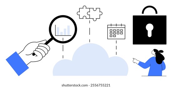 A hand holding a magnifying glass examining a bar graph above a cloud. Icons including puzzle pieces, a calendar, and a lock are connected to the cloud. Ideal for data analysis, cloud computing