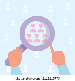 Hand holding magnifying glass find customer target group and market segmentation concept. people character vector design.