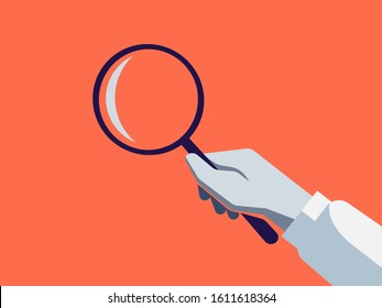 Hand holding a magnifying glass. Flat monochrome illustration representing a action, researcher profession.