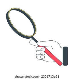 Hand holding magnifying glass flat line concept vector spot illustration. Enlarge 2D cartoon outline first view hand on white for web UI design. Magnifier tool editable isolated colorful hero image