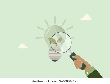 Hand holding magnifying glass focused on eco-friendly light bulb with plant inside, representing research and analysis of sustainable energy solutions. Flat style. Renewable energy.Vector illustration