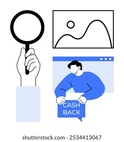 A hand holding a magnifying glass, a framed abstract artwork, and a person holding a cashback sign on a computer screen. Ideal for marketing, e-commerce, promotions, visual search, and online