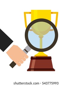 hand holding a magnifying glass and gold trophy icon over white background. colorful design. vector illustration