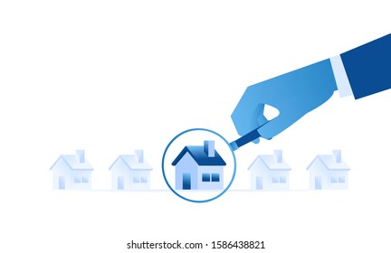 Hand Holding Magnifying Glass. Home Loan concept, Rent, Buying a property. Real estate agent at work, investment, mortgage, house loan, account, banking