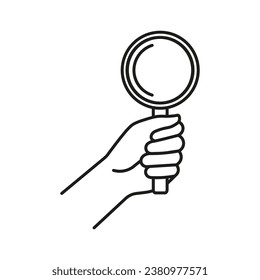 Hand holding magnifying glass icon. Vector. Line style.