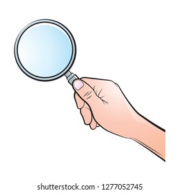 hand holding magnifying glass isolated on white background vector drawing