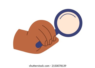 Hand holding magnifying glass, lens icon. Searching, researching with lupe, magnifier tool. Discovery, analysis, scrutiny concept. Colored flat vector illustration isolated on white background