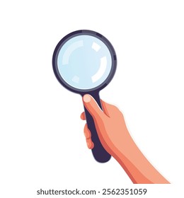 Hand holding magnifying glass, lens icon cartoon vector isolated on white background. Discovery, analysis, scrutiny concept.