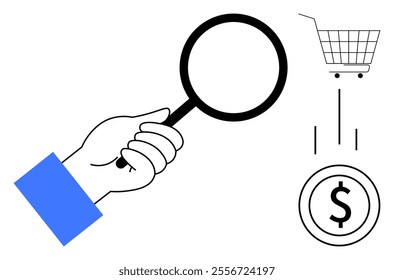 Hand holding magnifying glass looking at shopping cart and dollar sign. Ideal for online shopping, e-commerce analysis, consumer purchasing, financial transactions, market research. Simple line art