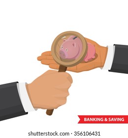 Hand Holding A Magnifying Glass And Is Looking At A Piggy Bank. Flat 3d Isometric Investment, Banking, Capitalization, Money Savings, Finance Web Infographic Concept. 