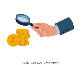 Hand holding magnifying glass or lupe over stack of coins. Finance search concept. Hand drawn vector illustration isolated on white background, modern flat cartoon style.