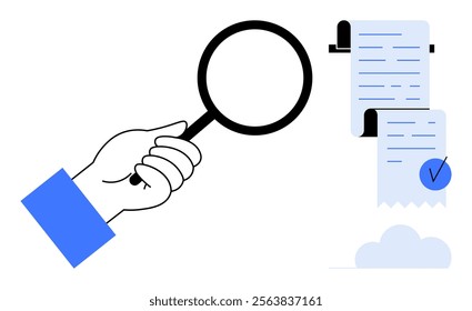 A hand holding a magnifying glass next to rolled-up documents with check marks. Ideal for audit, verification, quality control, document review, and inspection themes. Minimalist digital vector style