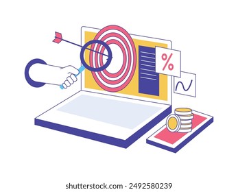 Hand holding magnifying glass, online business financial data analysis. Character design. Vector flat illustration