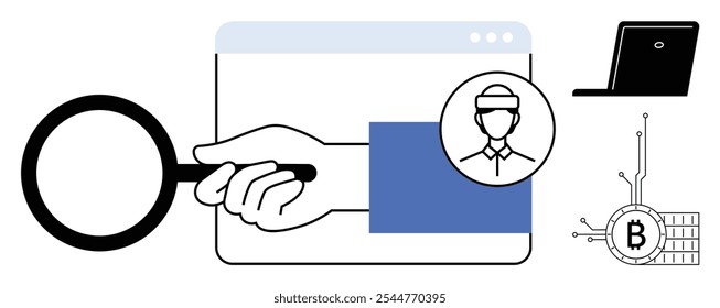 Hand holding magnifying glass, online user profile in circle, laptop, and Bitcoin symbol. Ideal for cybersecurity, online identity verification, cryptocurrency, digital transactions, tech