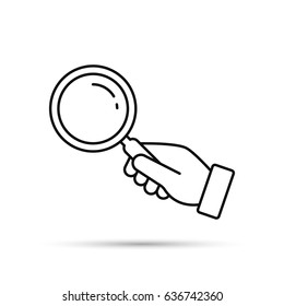 Hand holding magnifying glass outline icon isolated on white background. Vector flat illustration. Search concept.