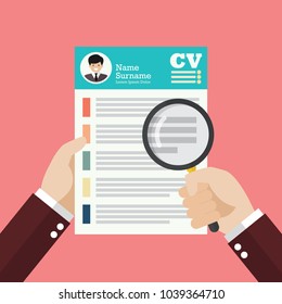 Hand holding magnifying glass over Curriculum Vitae. Flat style vector Illustration