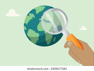Hand Holding Magnifying Glass Over Earth. World environment day illustration. planet protection concept. Save the environment. Eco-friendly vector	