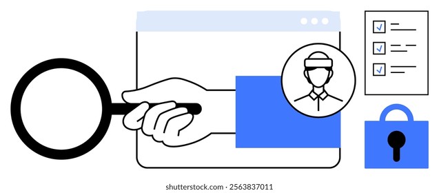 Hand holding magnifying glass over a browser window. Identified user icon, checklist, and lock icon are visible. Ideal for online security, data privacy, identification, search optimization, user