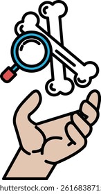 A hand holding a magnifying glass over a skeleton. The skeleton is surrounded by bones. Concept of curiosity and investigation