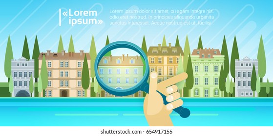Hand Holding Magnifying Glass Over Cartoon Houses Buildings Rent Real Estate Search Concept Flat Vector Illustration