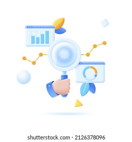 Hand holding magnifying glass, pie charts and bar diagrams. Concept of statistical analysis and research, business data analytics. Modern colorful vector illustration in 3d style for banner, poster.